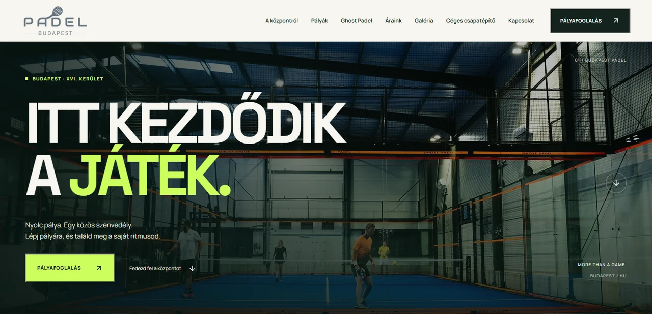 Budapest Padel website showing the court photograph and main navigation
