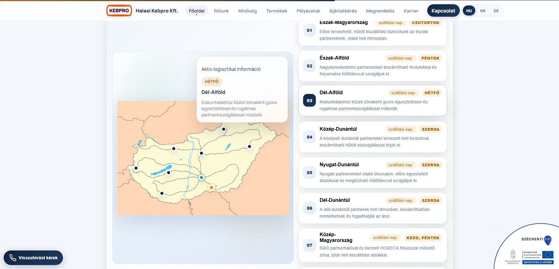 A Kebpro weboldal magyarországi kiszállítási térképe és régiós információi